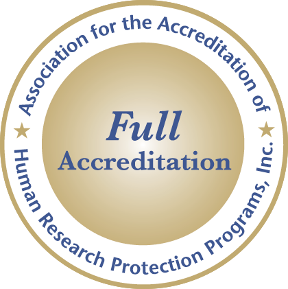 Full Accreditation badge from the Association for the Accreditation of Human Research Protection Programs